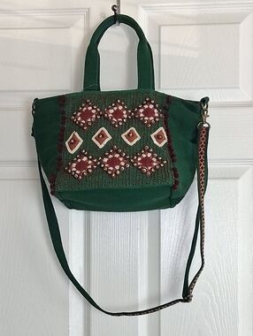 America & Beyond Green Canvas Beaded Embellished Boho Chic Crossbidy Tote Bag